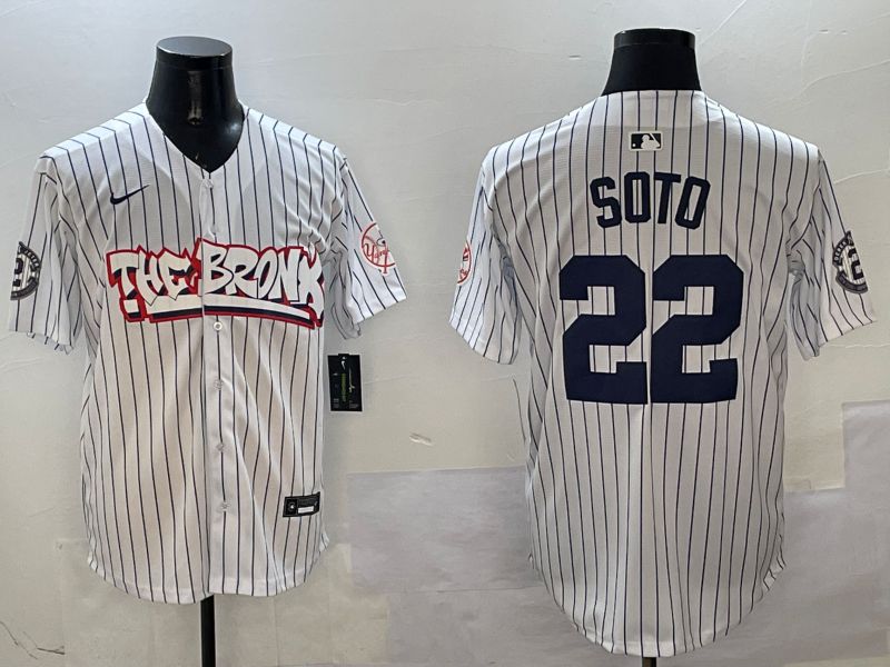 Men New York Yankees 22 Soto White Stripe four generations Joint Name 2025 Nike MLB Jersey style 1